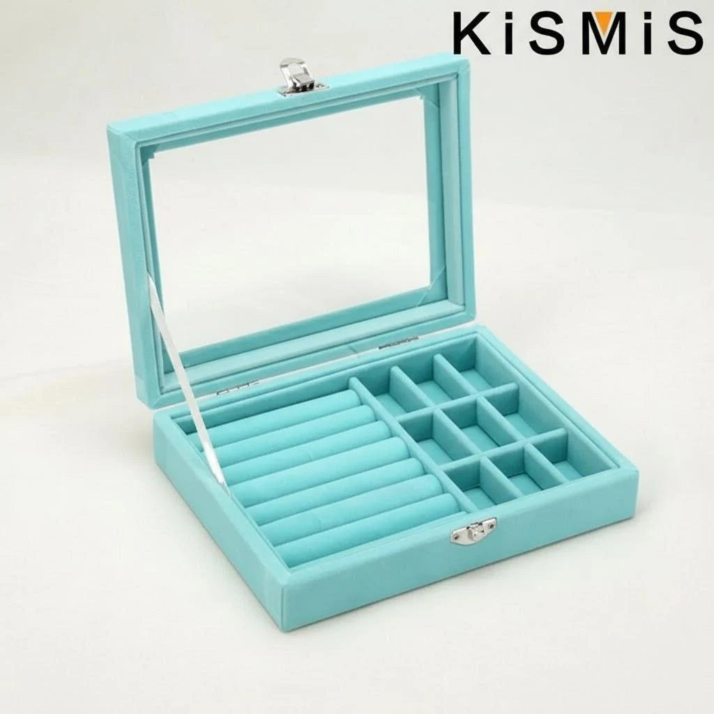 Velvet Jewelry Organizer Box with Clear Lid Dust-Proof Storage Tray for Rings Earrings Multi-Piece Display Holder