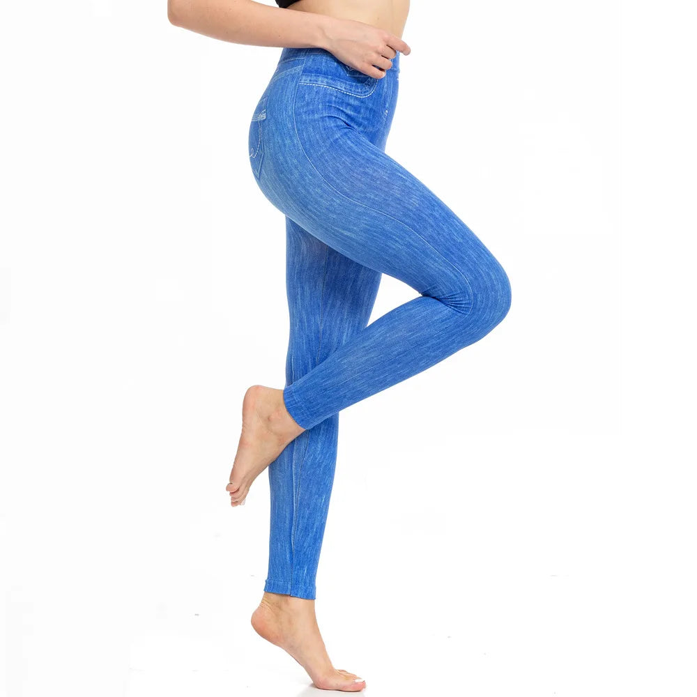 Skinny High Waisted Leggings Women Imitation Jeans Yoga Pants Fashion Printed Elastic Shapewear Fitness Jogging Cycling Tights