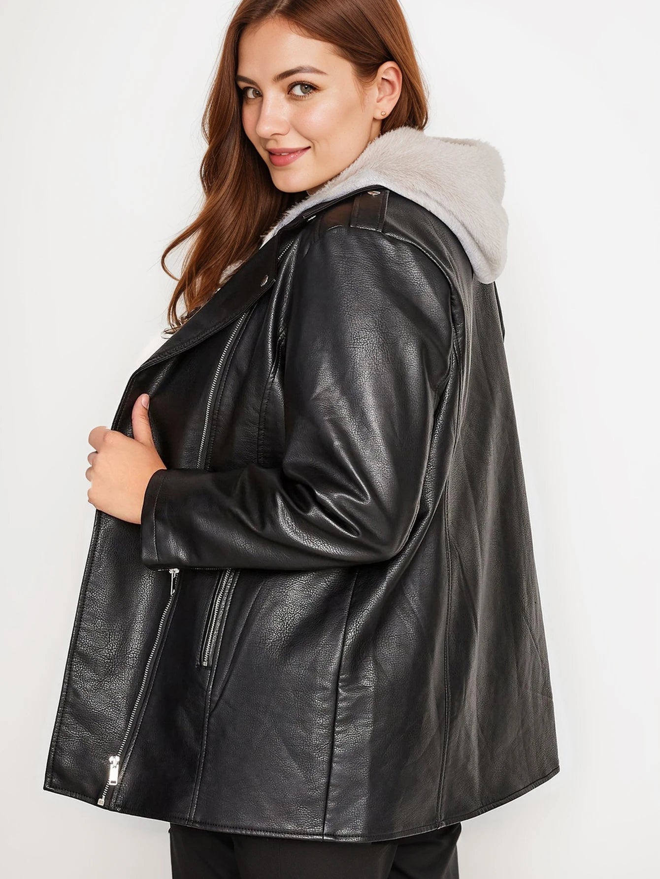 Plus Size PU Leather Zipper Jacket, Casual Long Sleeve Lapel Jacket For Fall, Women's Plus Size Clothing