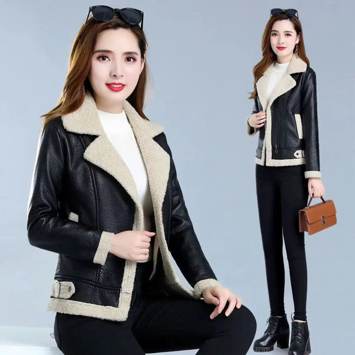 Women's Leather Coat Women's Autumn Winter New Motorcycle Short Fashion Leather Jacket Comfortable Warm Casual Solid Color Coat