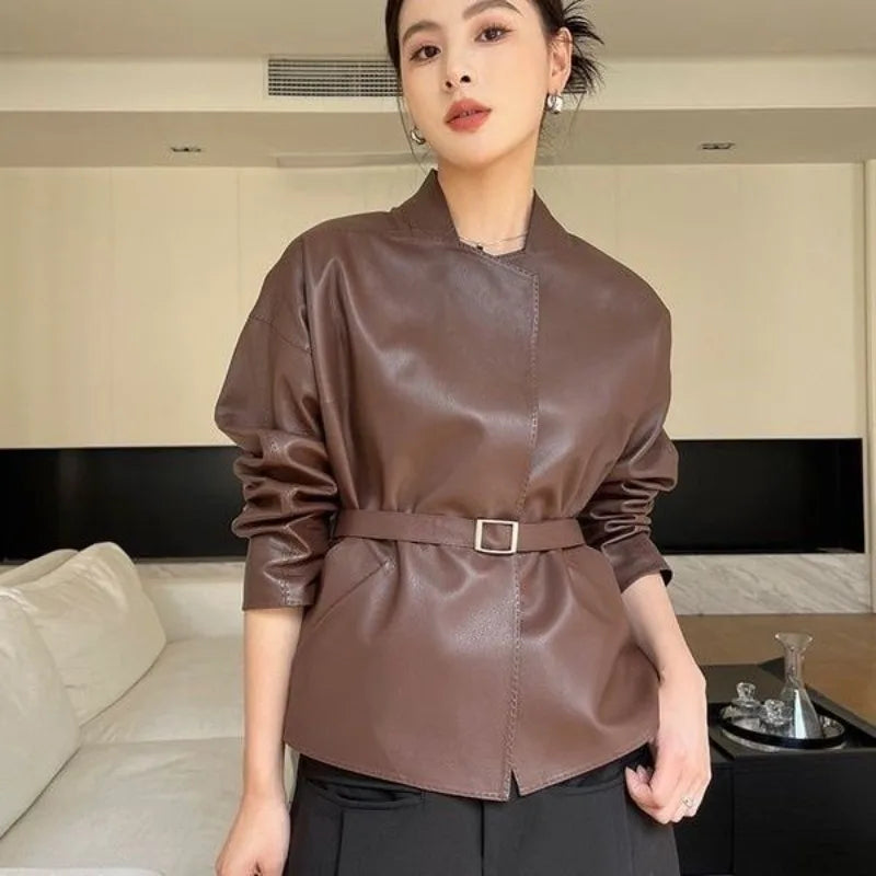 Women's Spring Autumn Leather Jacket Belt Short Tops Zipper Coats Loose Retro Fashion Design Sense Leisure Simple Brand Soft