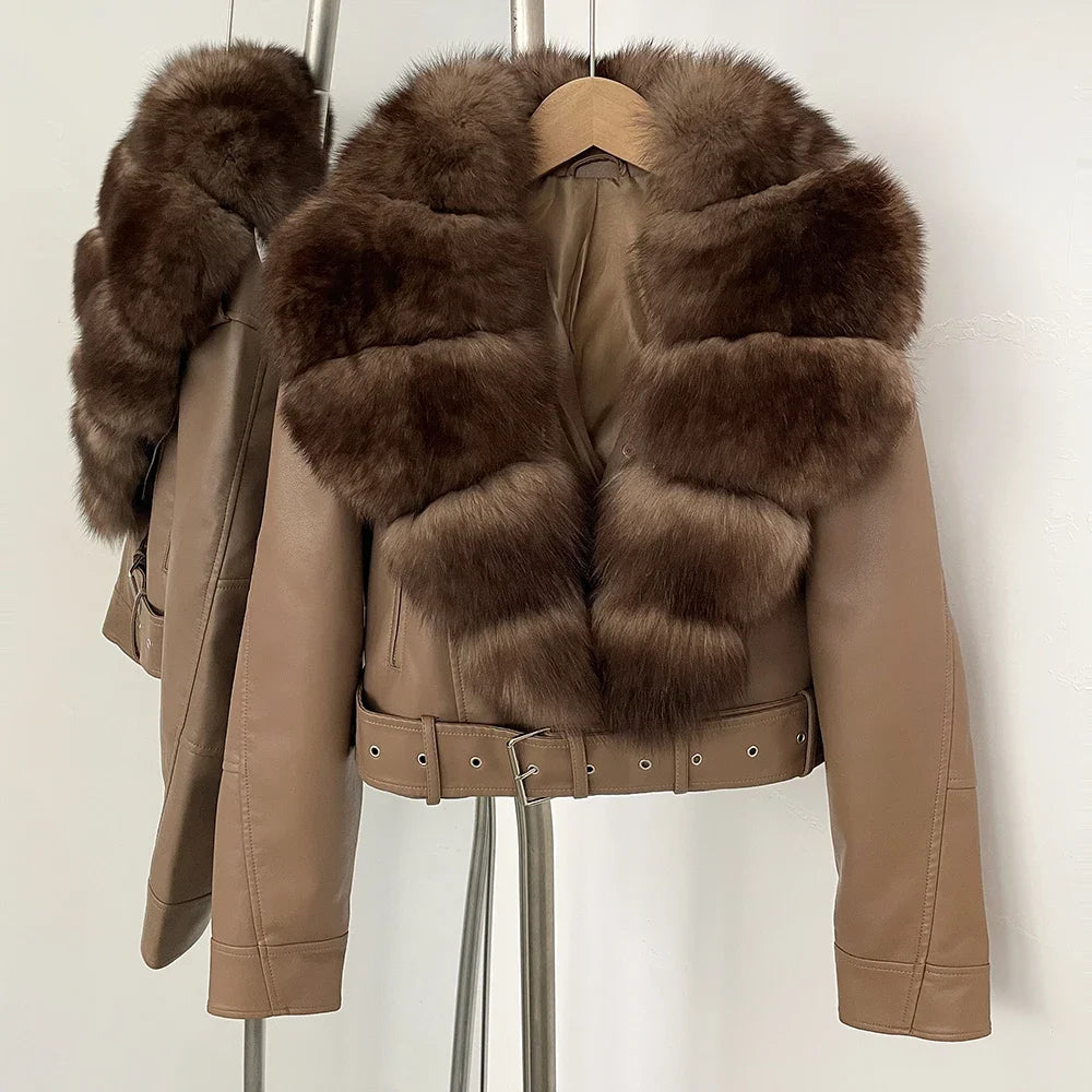 Natural Fox Fur Real Fur Coat Faux PU Leather Jacket Female New Autumn Short Top Clothing Women Long Sleeve Fake Leather Coat
