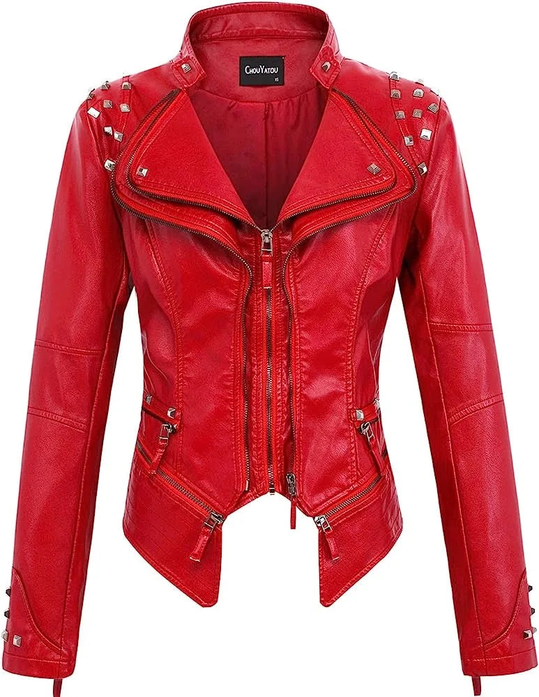 Spring New Style Suit Collar Rivet Waist Short Washed Pu Leather Jacket