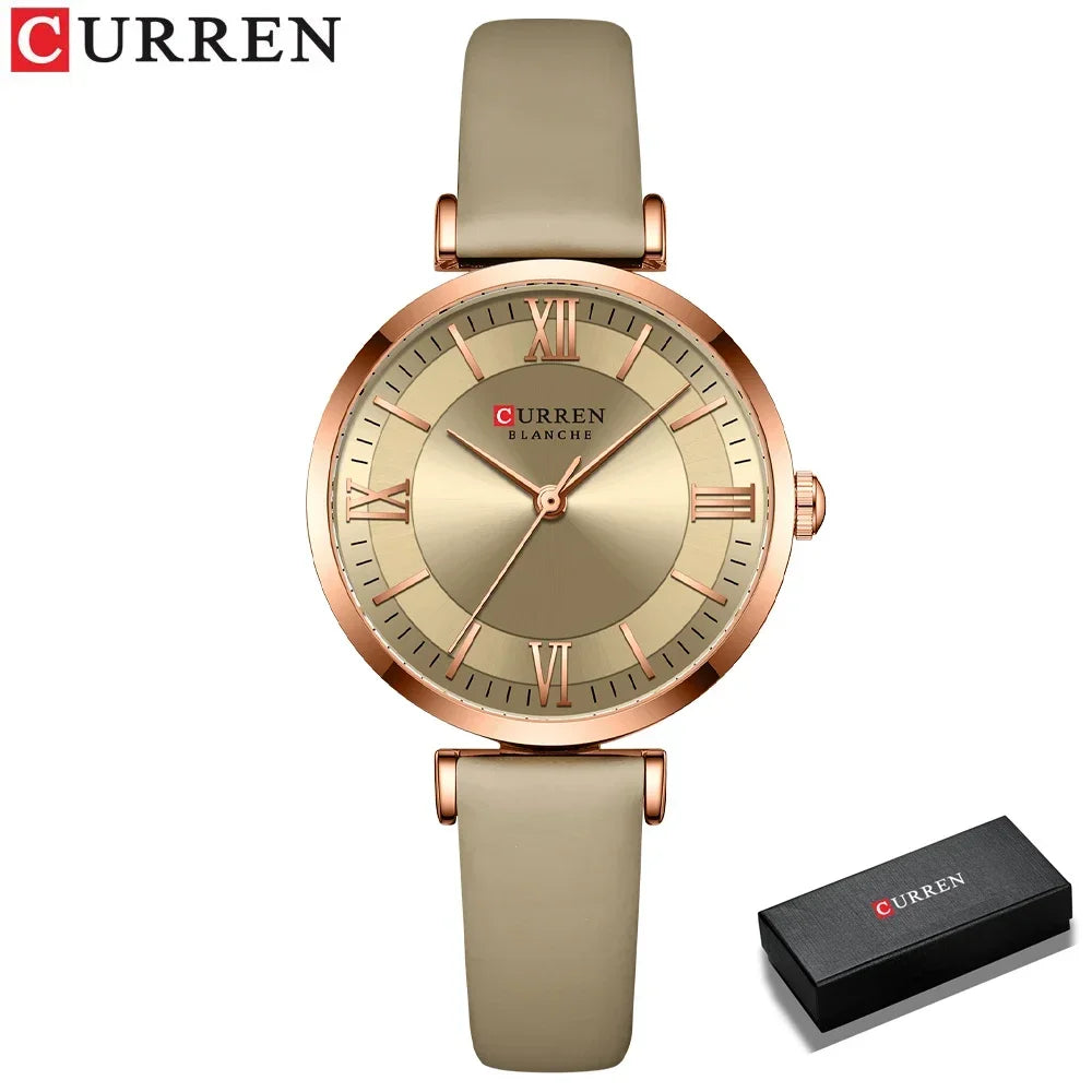CURREN Luxury Women's Watch Stylish Leather Strap  Quartz Movement Casual Elegant Ladies Wristwatch Fashionable Design with Box