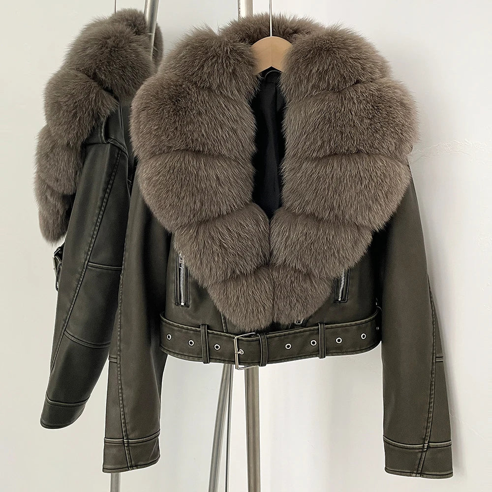 Natural Fox Fur Real Fur Coat Faux PU Leather Jacket Female New Autumn Short Top Clothing Women Long Sleeve Fake Leather Coat