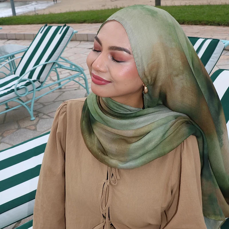 Gradient Green Watercolour Floral Printed Modal Breathable Light Weight Soft Cotton Rayon Viscose Woven Modal Muslim Women Shawl