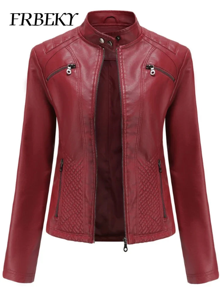Women coat Autumn New Casual Leather Jacket Standing Collar Long Sleeve Jacket Slim Solid Color Coat Streetwear Zipper Jacket