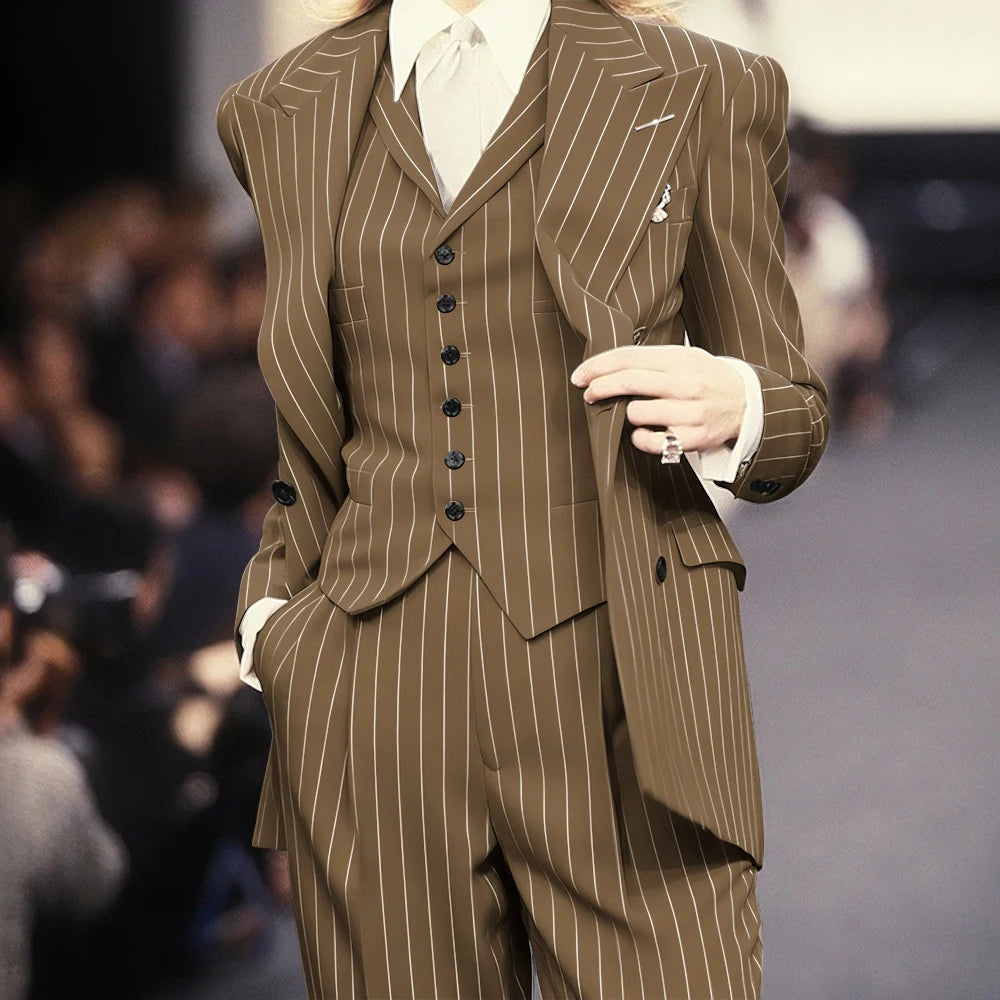 Trending 2025 Brown Striped Women Suit Formal Double-breasted Peaked Lapel 3Pieces (Jacket+Pants+Vest) Business Office Lady Set