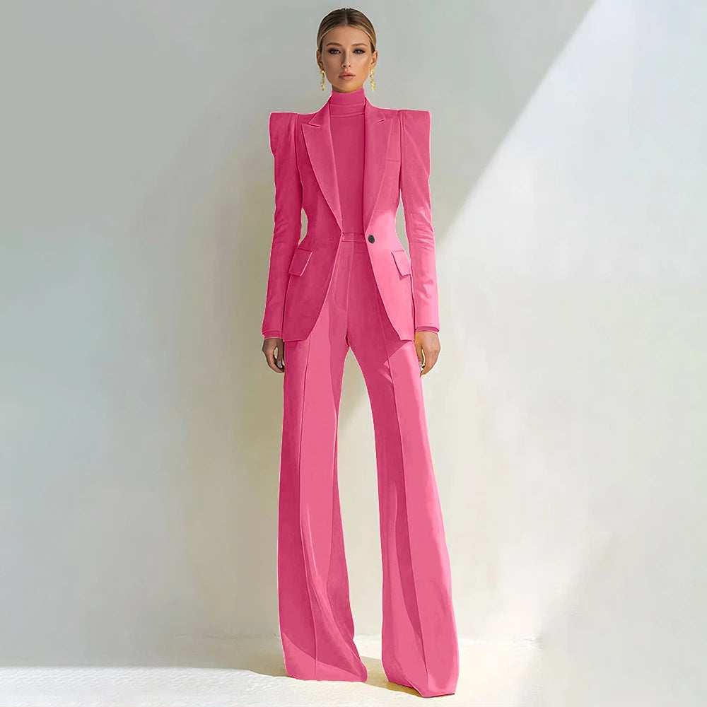 Professional Women's Red Suit Peaked Lapel Single Button Female Elegant Blazer and Flared Pants 2Piece Set Formal Office Wear