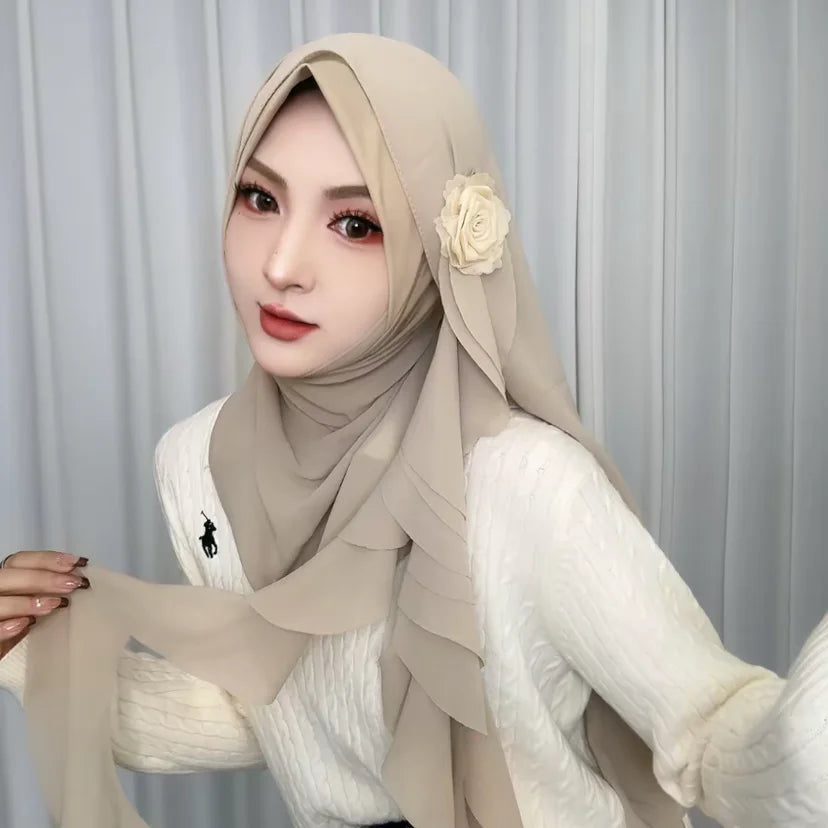 Rose Applique Design Chiffon Muslim Autumn New Female Wraps Hijab